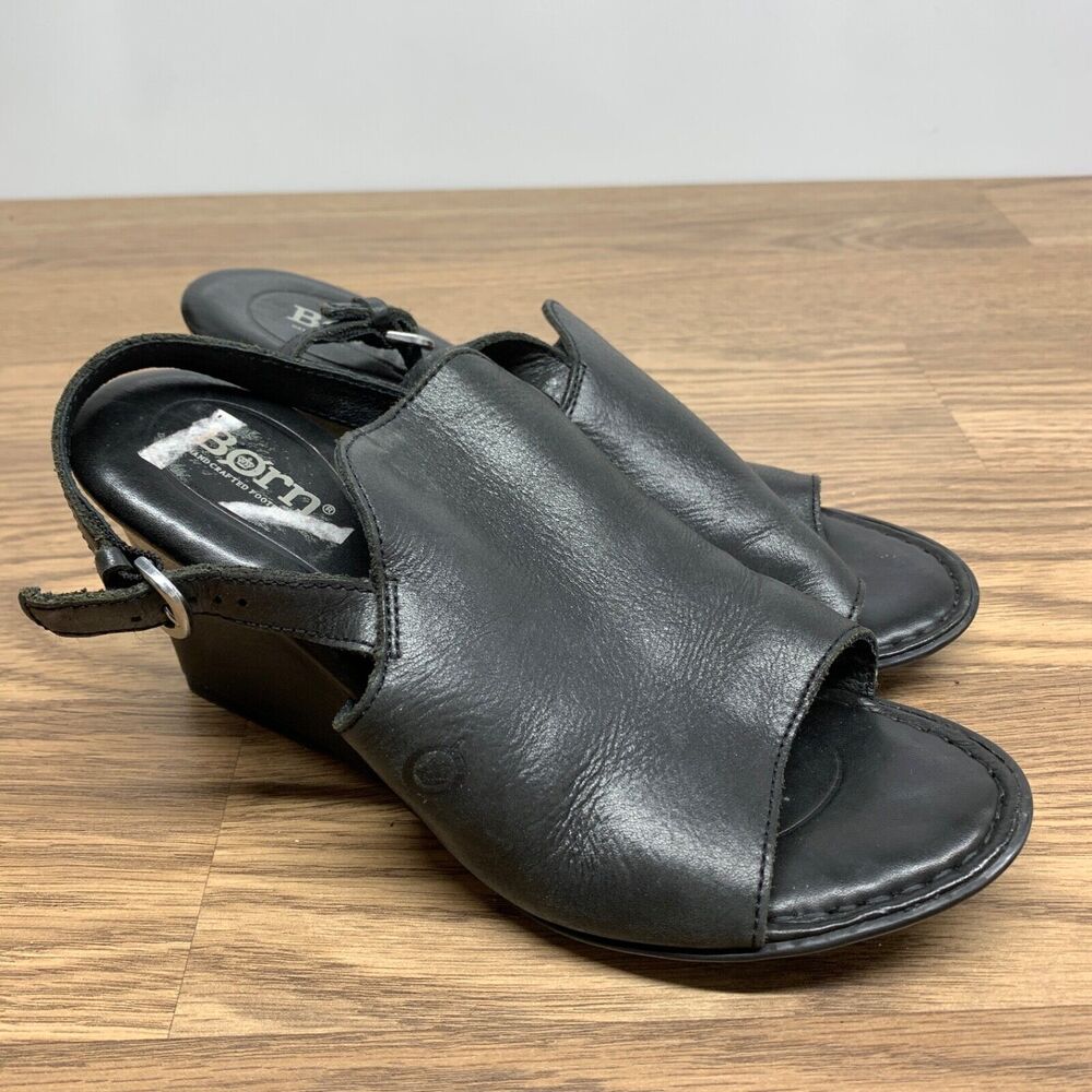 Born Wedge Sandals Womens Size 8 M Shoes Slingback Black Leather Peep Toe